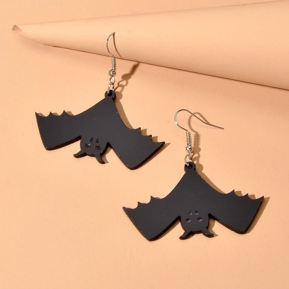 Any 2/&$20! Black Shiny Acrylic Hanging Bat Drop Earrings - Picture 3 of 9